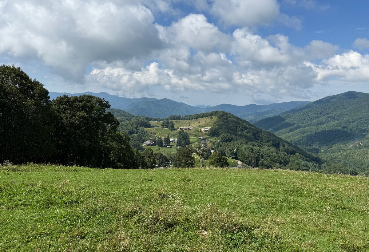 A panoramic view captures a green grassy meadow in the foreground with dense trees framing the left side. In the middle distance, several buildings are visible on a hillside clearing among the forest. Multiple layers of forested mountains extend into the background beneath a partly cloudy blue sky with white cumulus clouds.
