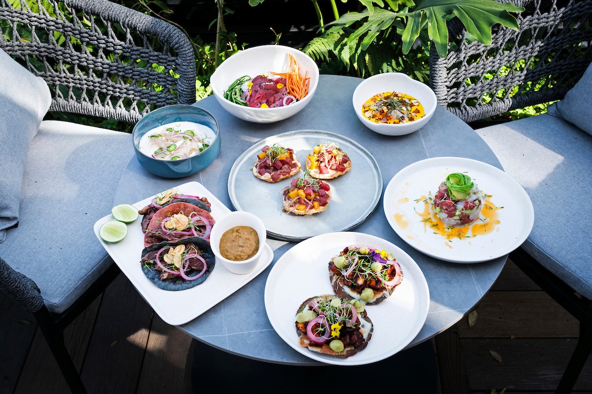 An overhead view of a blue outdoor dining table set with multiple plates of colorful cuisine, including what appears to be seared tuna dishes, tostadas topped with various ingredients, and several small bowls containing salads and sauces. The table is surrounded by woven rope chairs in dark colors, with lush green foliage visible in the background, creating an al fresco dining setting.