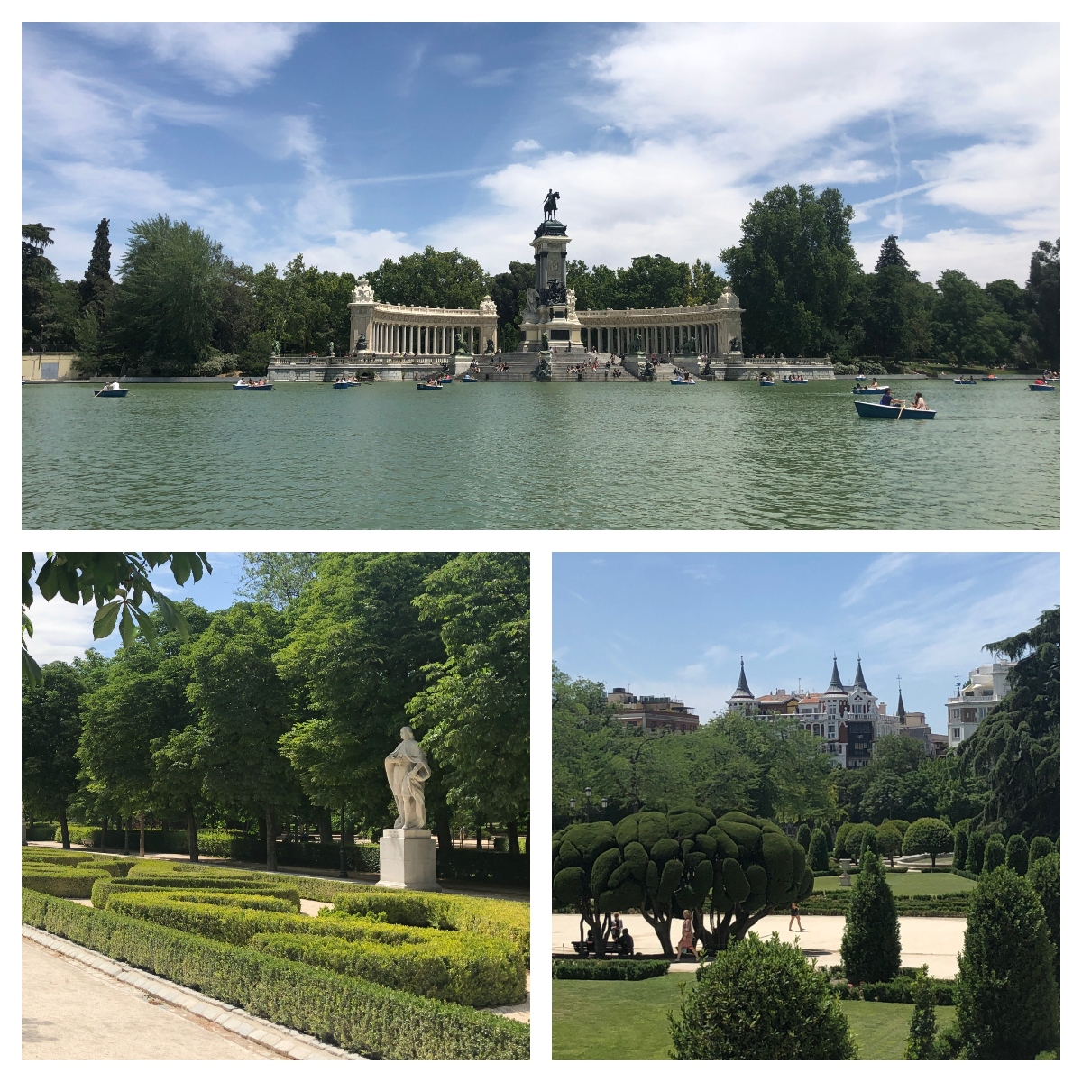 This image shows three views of an ornate public park featuring a large lake with small boats, a prominent monument with a tall column and curved colonnades, and formal gardens with geometric hedge patterns. The lower images display manicured landscapes with classical statuary, precisely trimmed topiary bushes, and well-maintained pathways surrounded by lush greenery and historic architecture in the background.