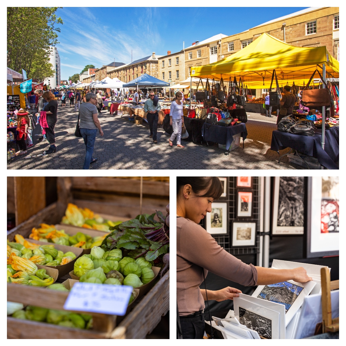 The top image of this collage shows a bustling outdoor market with colorful tents and stalls set up along a cobblestone street, with historic sandstone buildings forming the backdrop and numerous visitors browsing the various vendors. The bottom left image displays fresh vegetables including Brussels sprouts and squash blossoms arranged in wooden crates at a produce stall. The bottom right image shows a woman examining prints or artwork from boxes at an art vendor's stall, with framed pieces displayed on easels behind her.